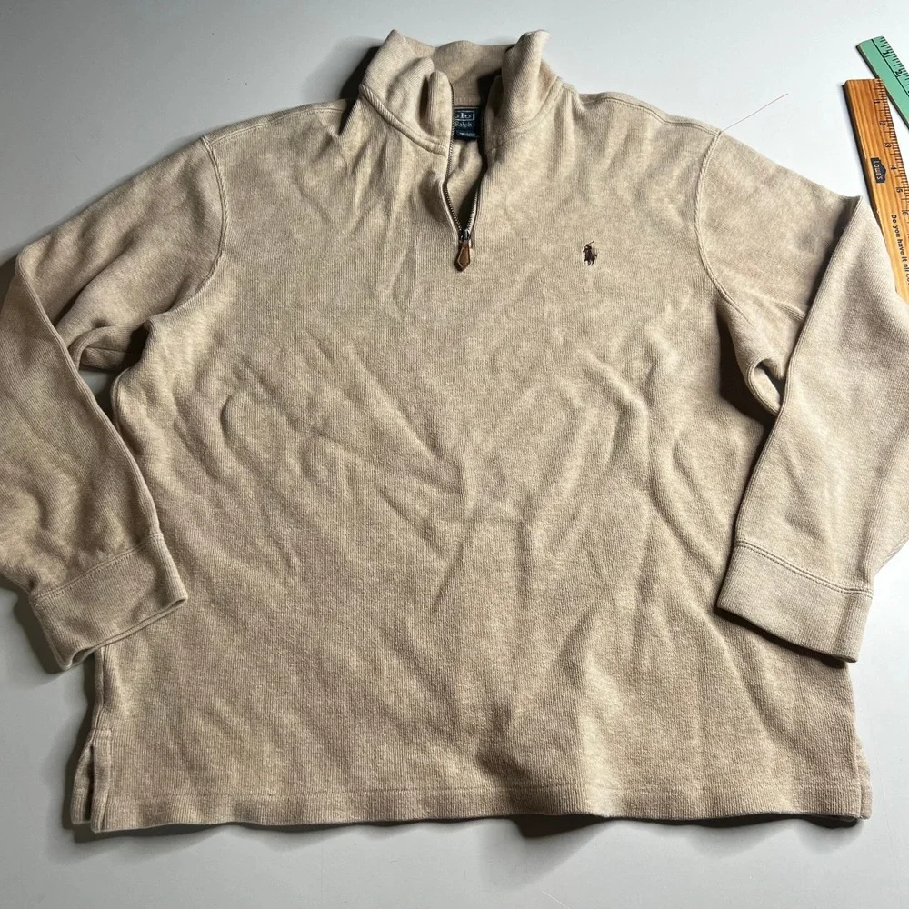 Polo Ralph Lauren Mens XL Tan Cotton Quarter Zip‎ Pullover Sweater Heathered